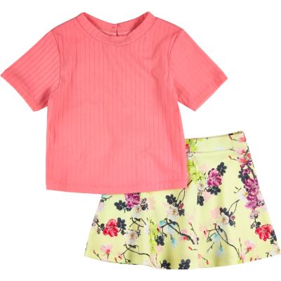 Mini girls coral pink top floral skirt outfit